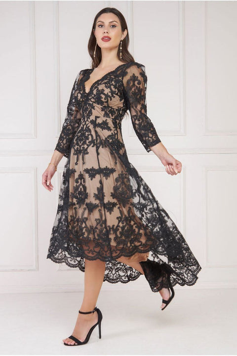 Scalloped Lace Dipped Hem Midi Dress - Black by Goddiva