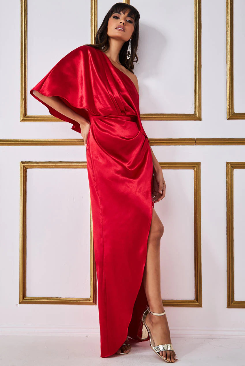 Red Satin Drape Detail Maxi Dress