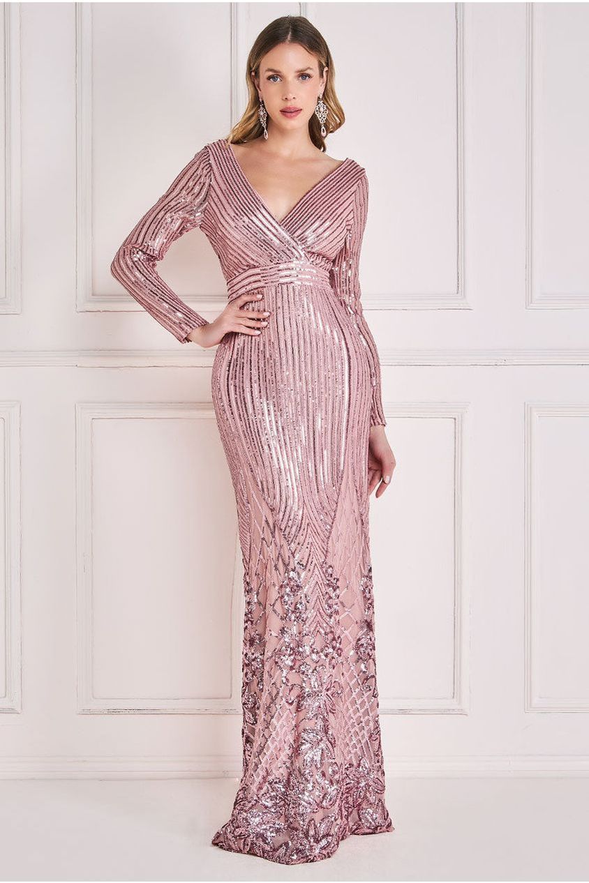 Long Sleeve Sequin V Wrap Maxi Dress - Blush DR3485