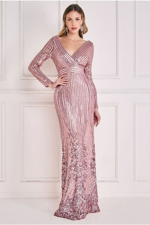Long Sleeve Sequin V Wrap Maxi Dress - Blush by Goddiva