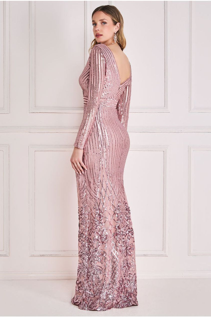 Long Sleeve Sequin V Wrap Maxi Dress - Blush DR3485