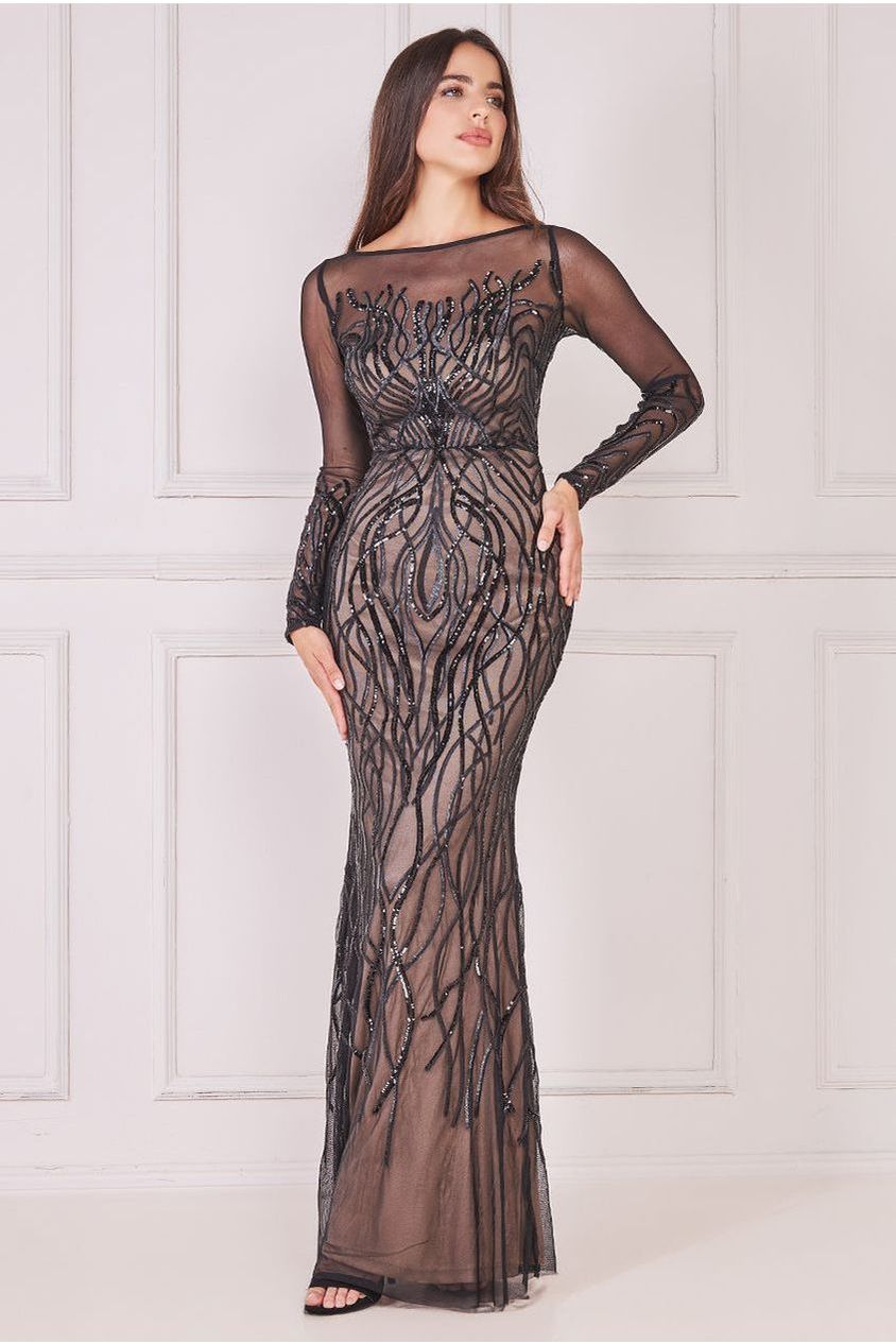 Long Sleeve Sequin Flame Maxi - Solid Black DR3486