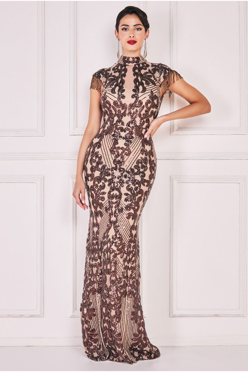 Embroidered Sequin Beaded Cap Sleeve Maxi - Brown DR3591