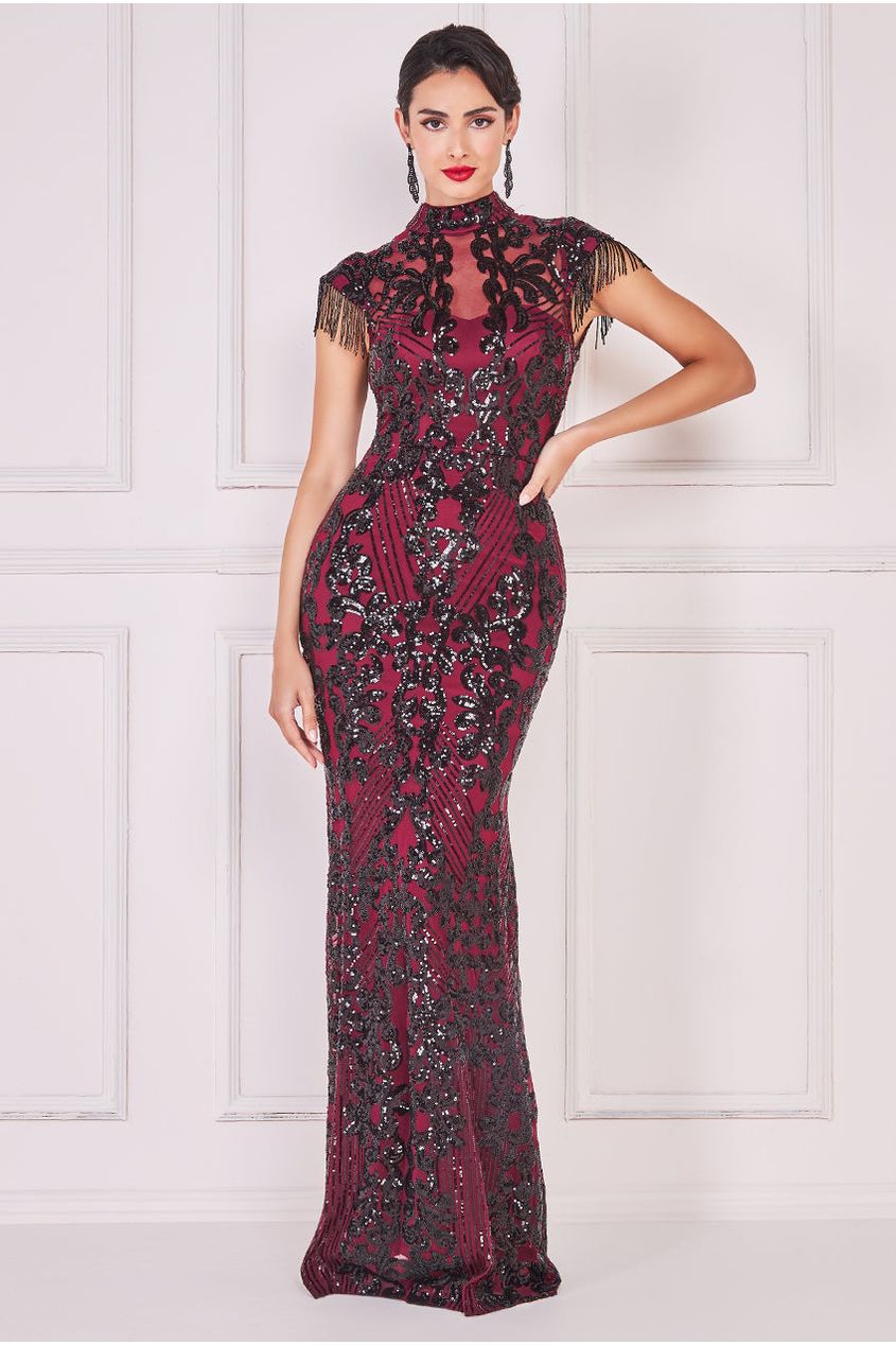 Embroidered Sequin Beaded Cap Sleeve Maxi - Burgundy DR3591