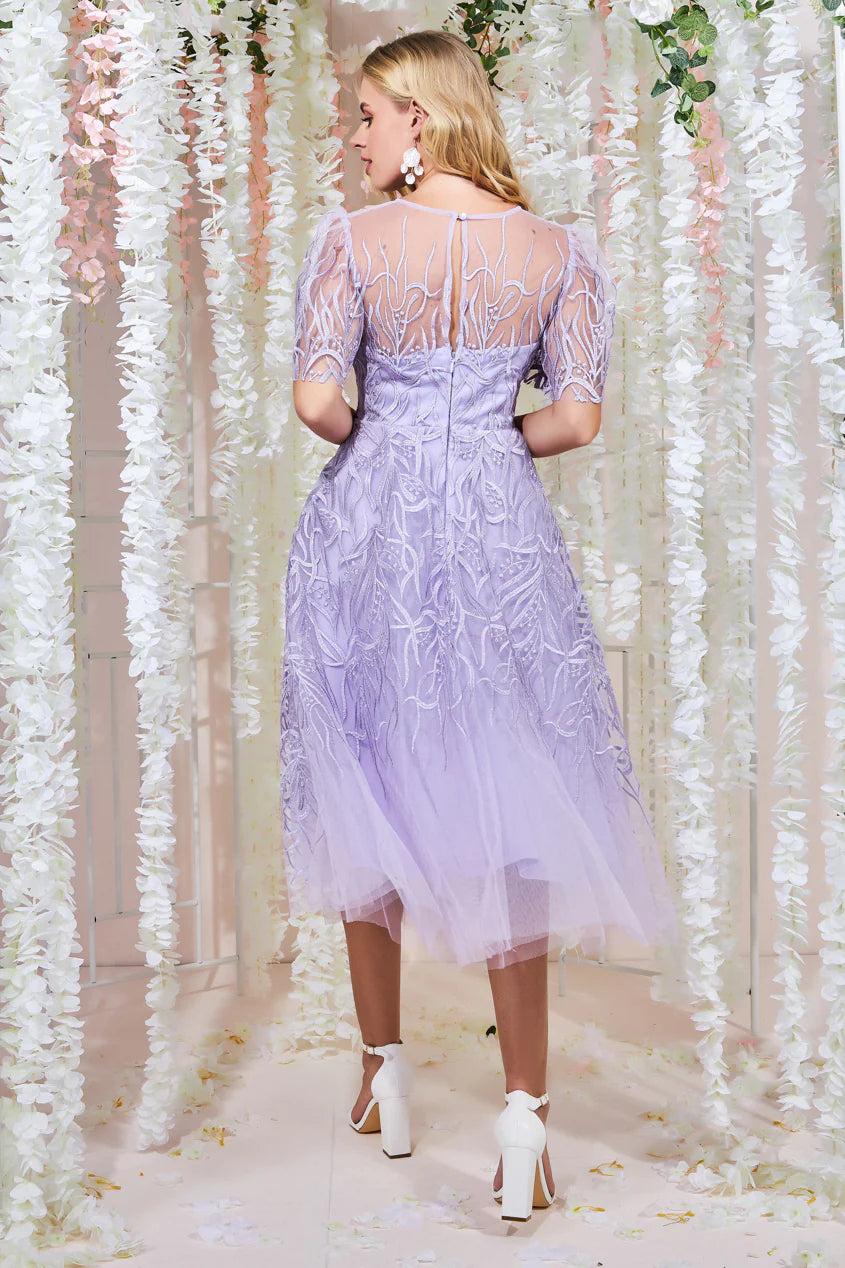 Embroidered Mesh Midi Dress - Lilac DR3594A