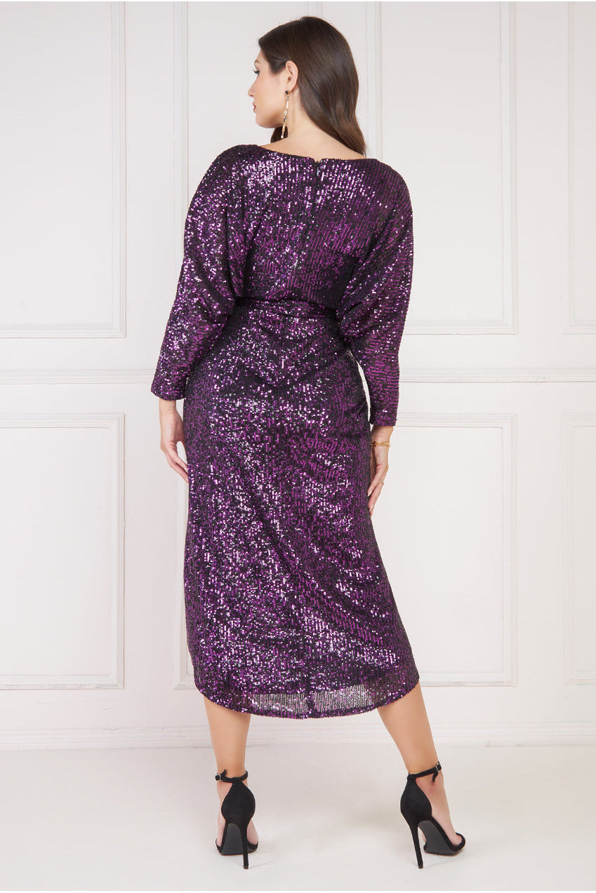 Wrap Style Sequin Midi Dress - Purple DR3644