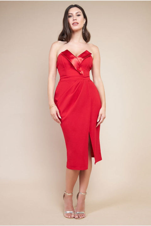 Satin Collar Scuba Midi Dress - Red by Goddiva