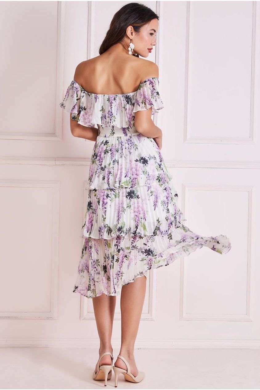 Shirred Chiffon Floral Bardot Midi Dress - Multi DR3810QZ