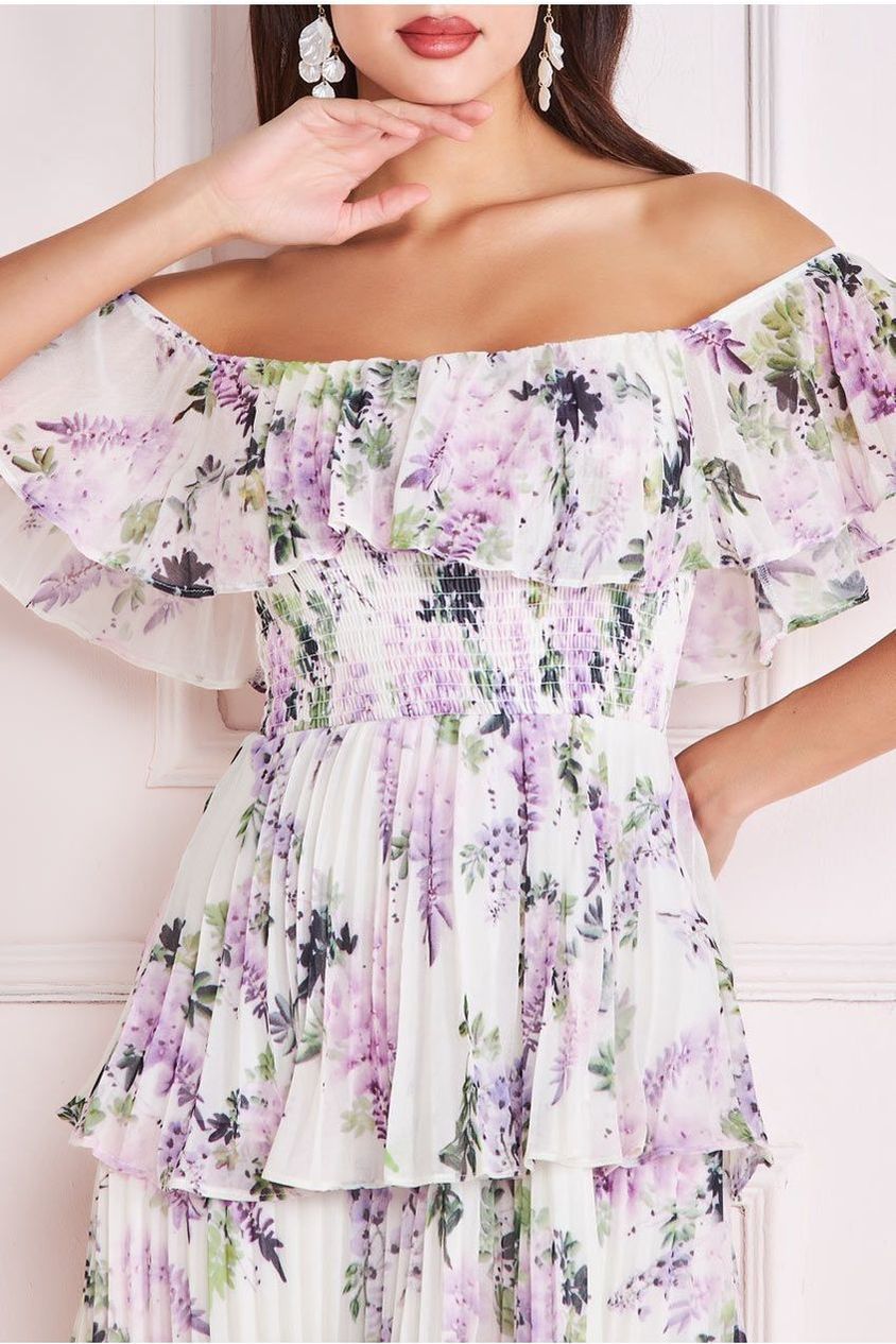 Shirred Chiffon Floral Bardot Midi Dress - Multi DR3810QZ