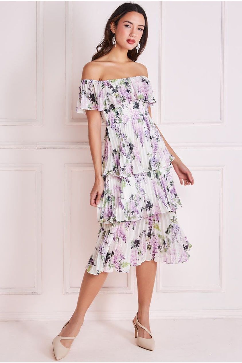 Shirred Chiffon Floral Bardot Midi Dress - Multi DR3810QZ