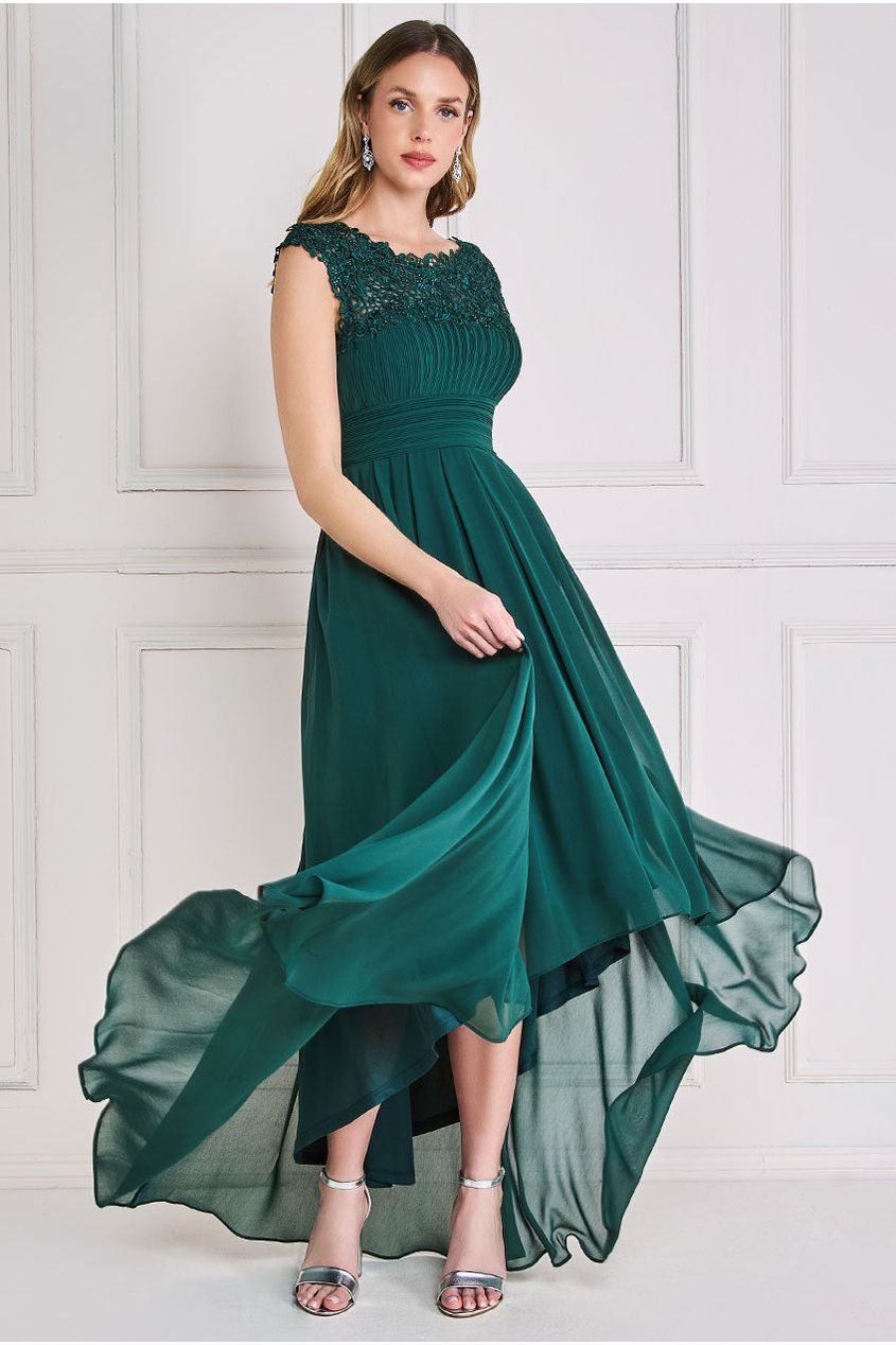 Crochet & Pleated Top High Low Maxi - Emerald DR3820