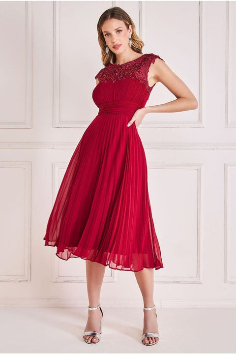 Crochet & Pleated Top Midi - Burgundy by Goddiva