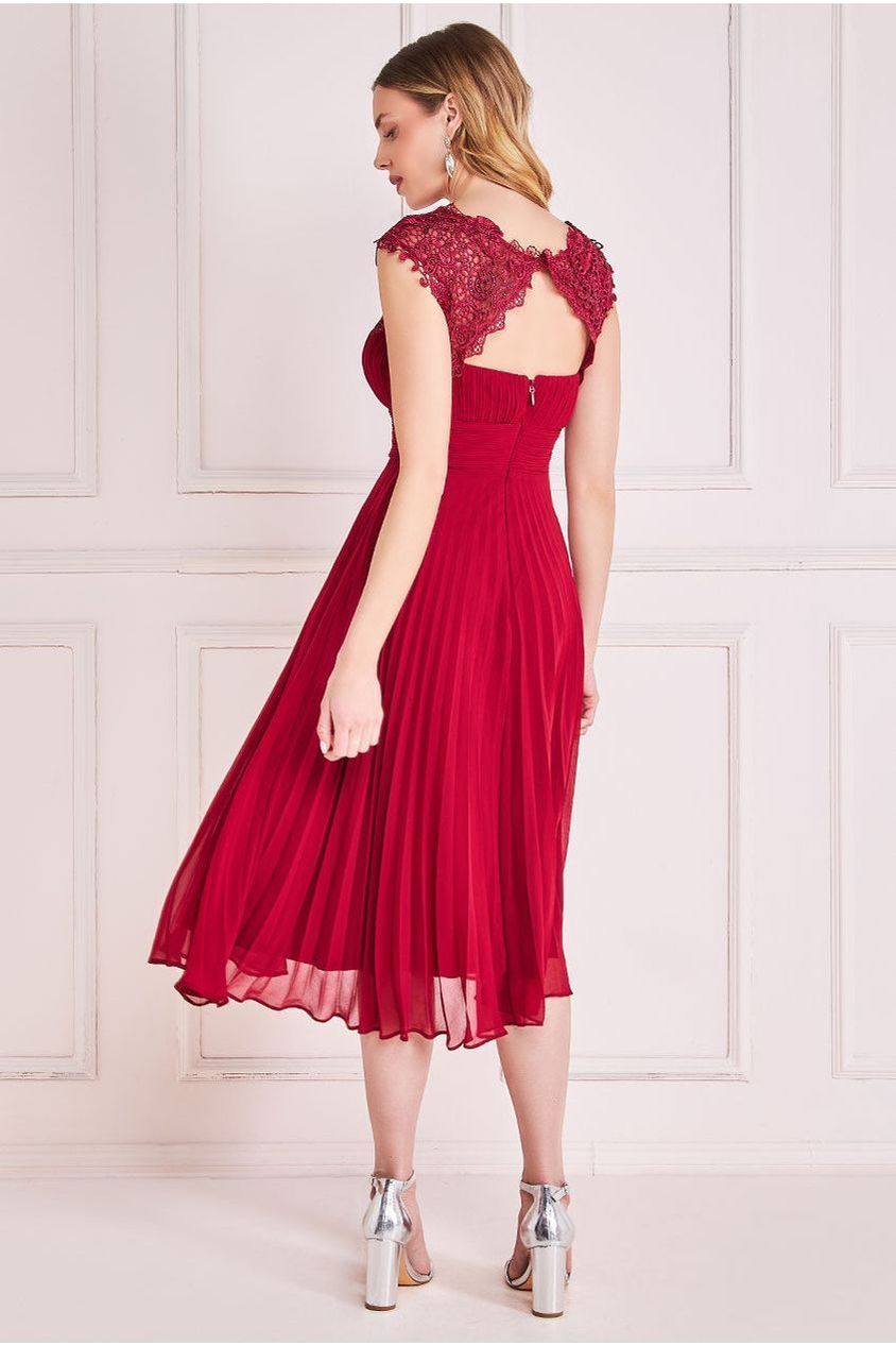 Crochet & Pleated Top Midi - Burgundy DR3821