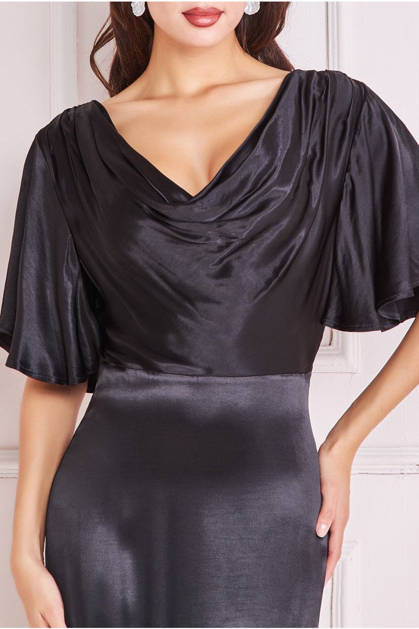 Satin Viscose Cowl Neck Maxi With Train - Black DR3857