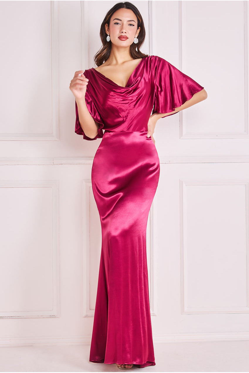 Magenta Cowl Neck Satin Midi Dress - Dresses from Yumi UK