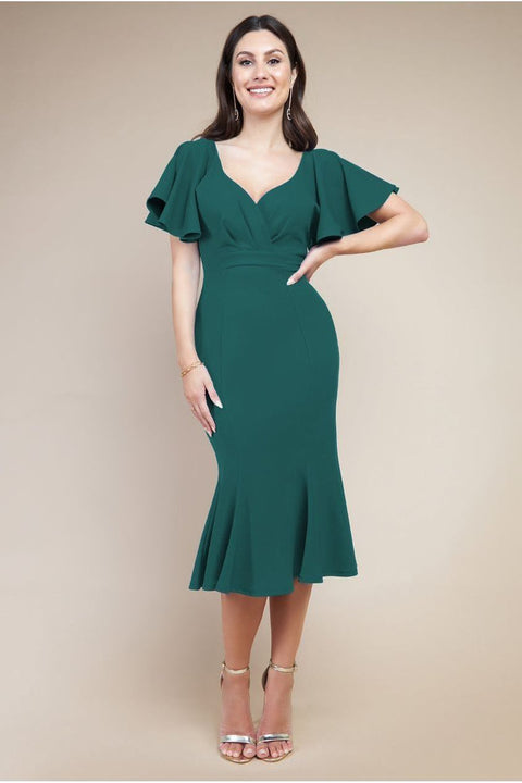 Flared Sleeve Front Wrap Midi Dress - Emerald Green by Goddiva