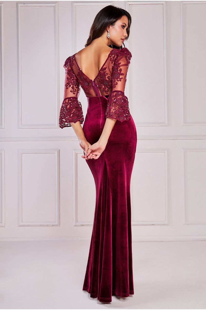 Scalloped Lace & Velvet Maxi Dress - Burgundy DR3972