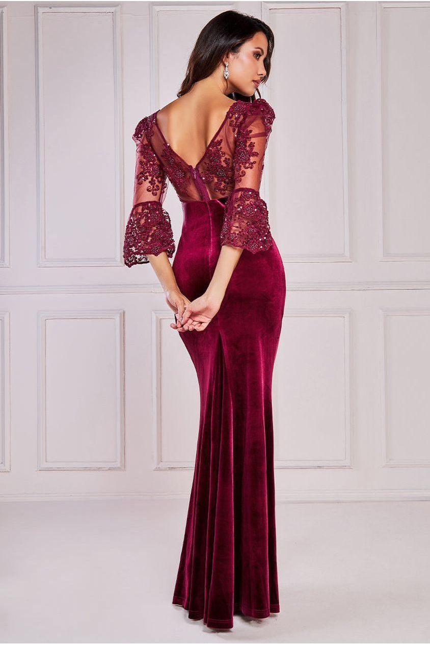 Scalloped Lace & Velvet Maxi Dress - Burgundy DR3972