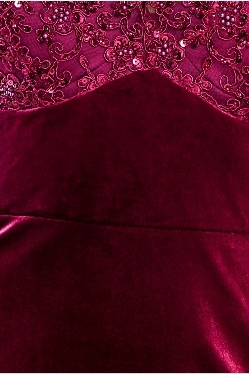 Scalloped Lace & Velvet Maxi Dress - Burgundy DR3972