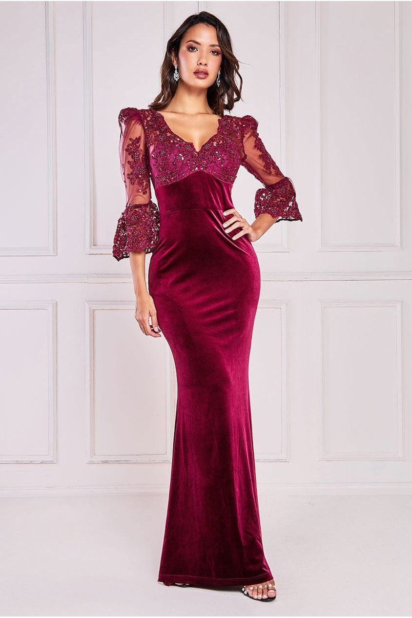 Scalloped Lace & Velvet Maxi Dress - Burgundy DR3972