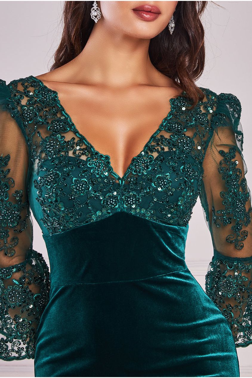 Scalloped Lace & Velvet Maxi Dress - Emerald DR3972