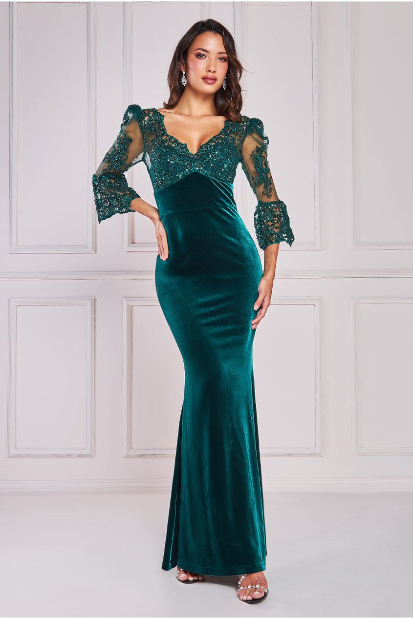 Scalloped Lace & Velvet Maxi Dress - Emerald Green DR3972