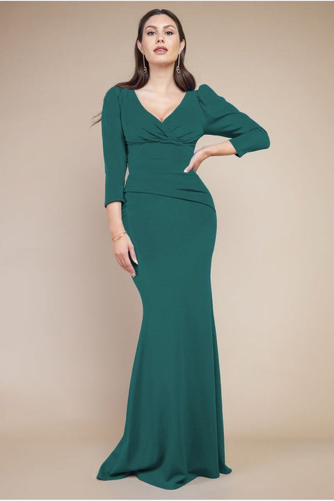 Front Wrap Pleated Scuba Maxi Dress - Emerald Green by Goddiva