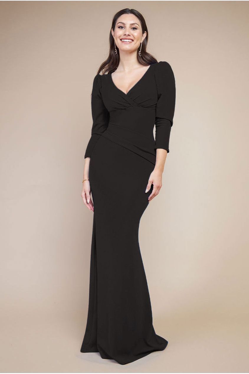 Front Wrap Pleated Scuba Maxi Dress - Black DR3975