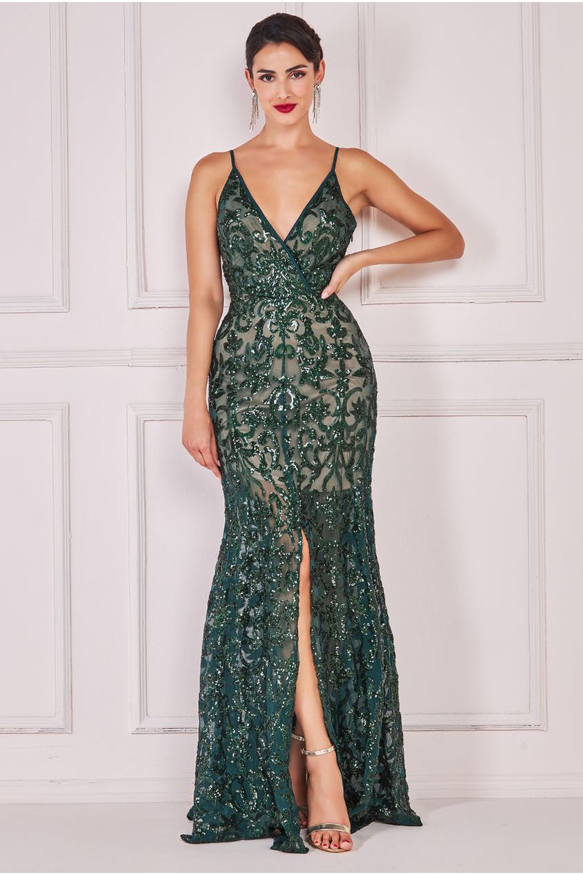 Iridescent Sequin Maxi With Front Split - Emerald Green DR3986