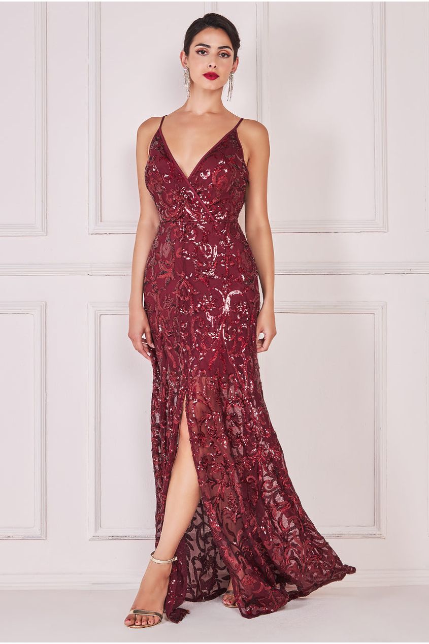 Iridescent Sequin Maxi With Front Split - Burgundy DR3986