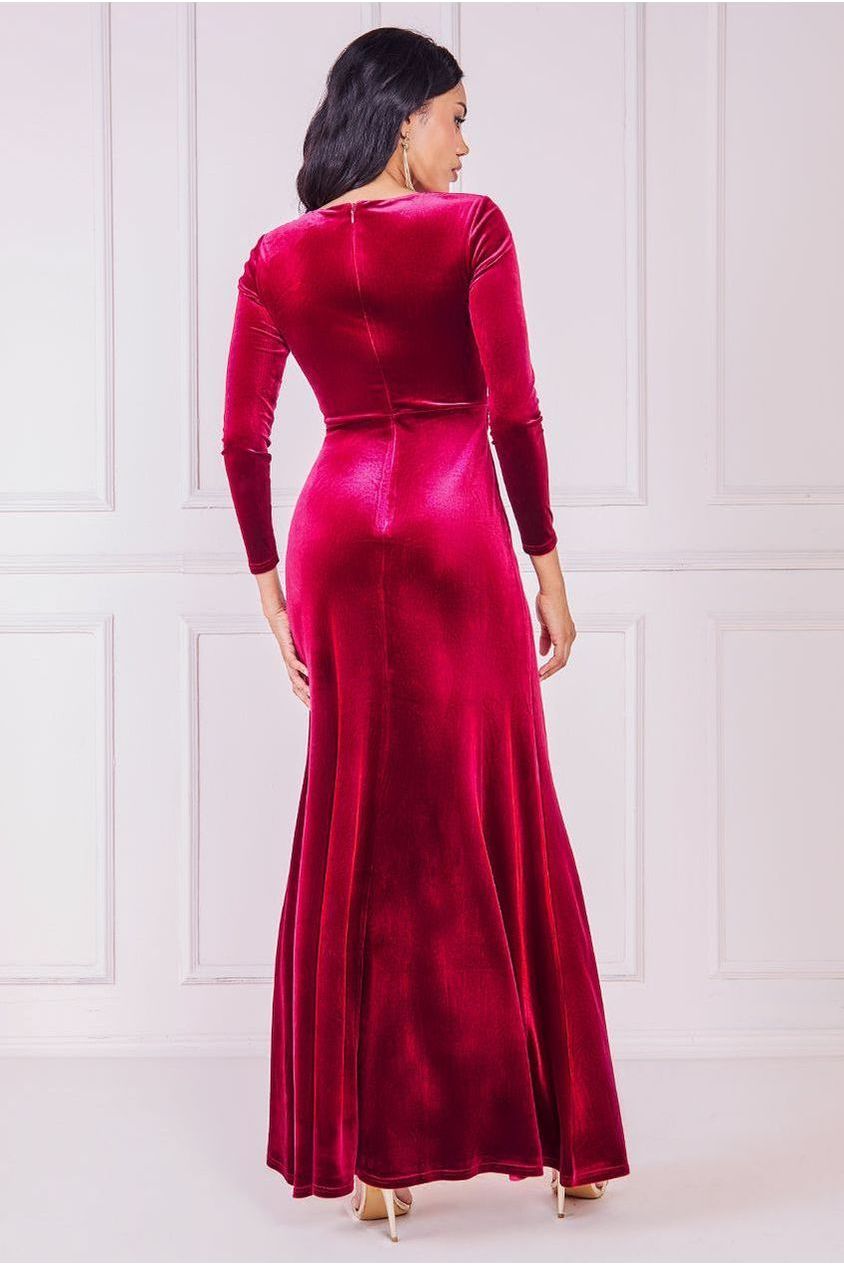 Square Neck Gathered Waist Velvet Maxi - Burgundy DR3994