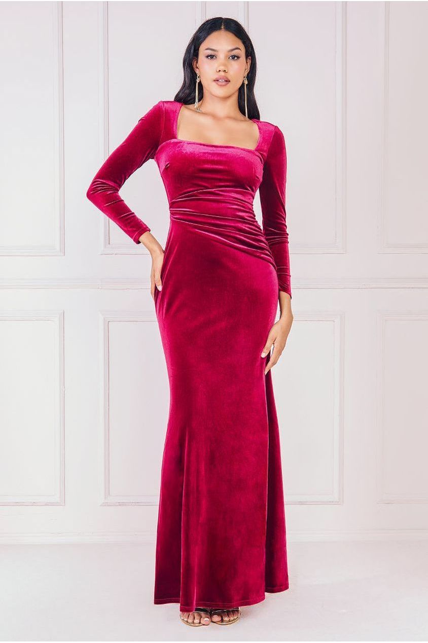 Square Neck Gathered Waist Velvet Maxi - Burgundy DR3994