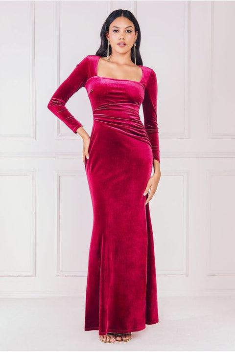 Square Neck Gathered Waist Velvet Maxi - Burgundy by Goddiva