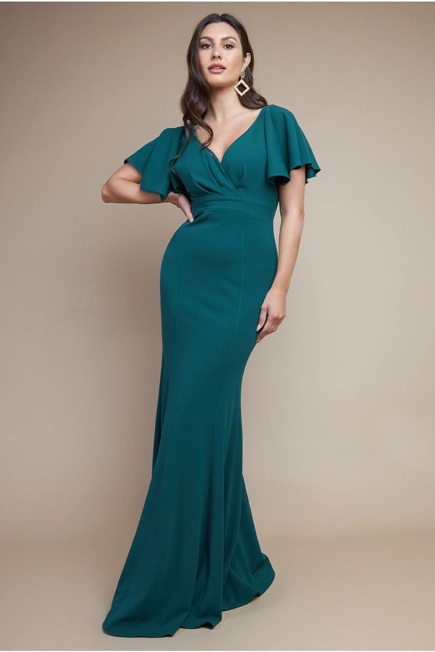 Flared Sleeve Front Wrap Maxi Dress Emerald Green