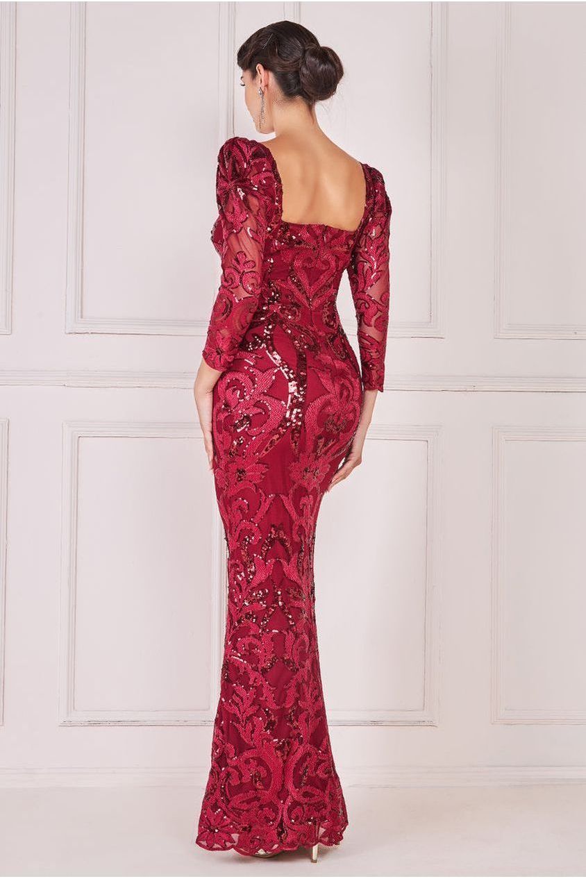 Square Neck Scalloped Lace Maxi - Wine DR4016
