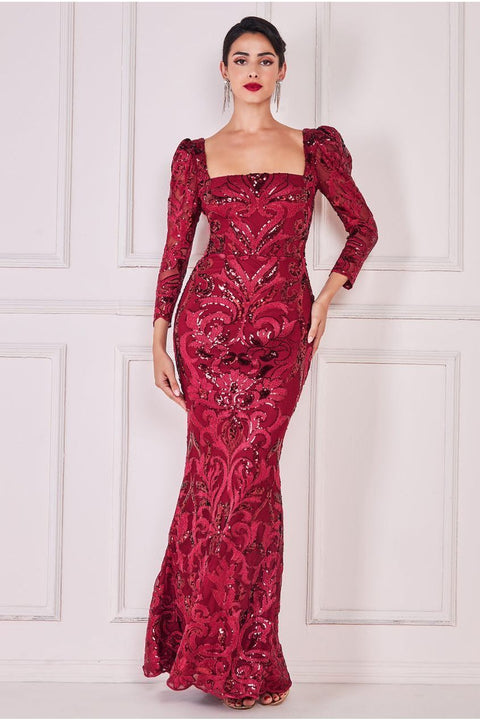 Square Neck Scalloped Lace Maxi - Wine by Goddiva