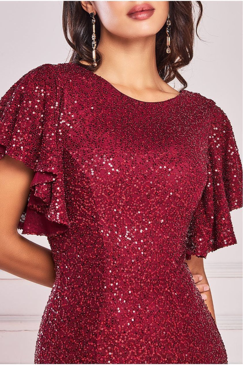 Sequin Flutter Sleeve Maxi - Wine DR4021