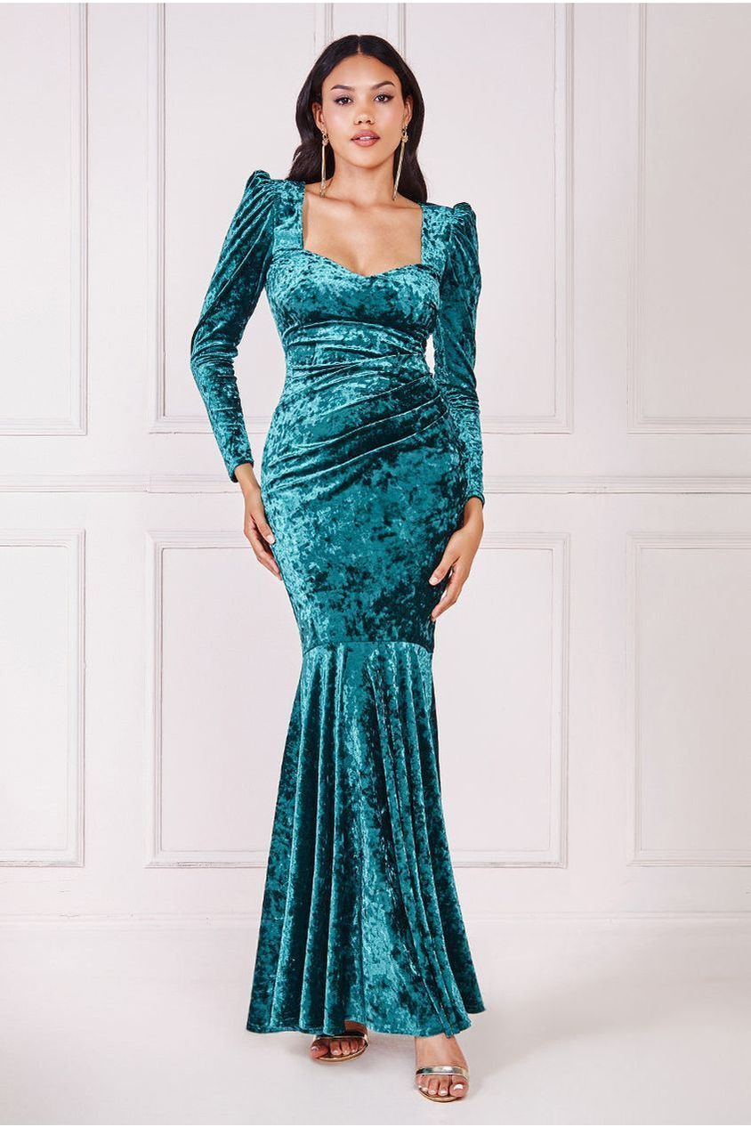 Flared Hem Ice Velvet Maxi - Emerald Green DR4027