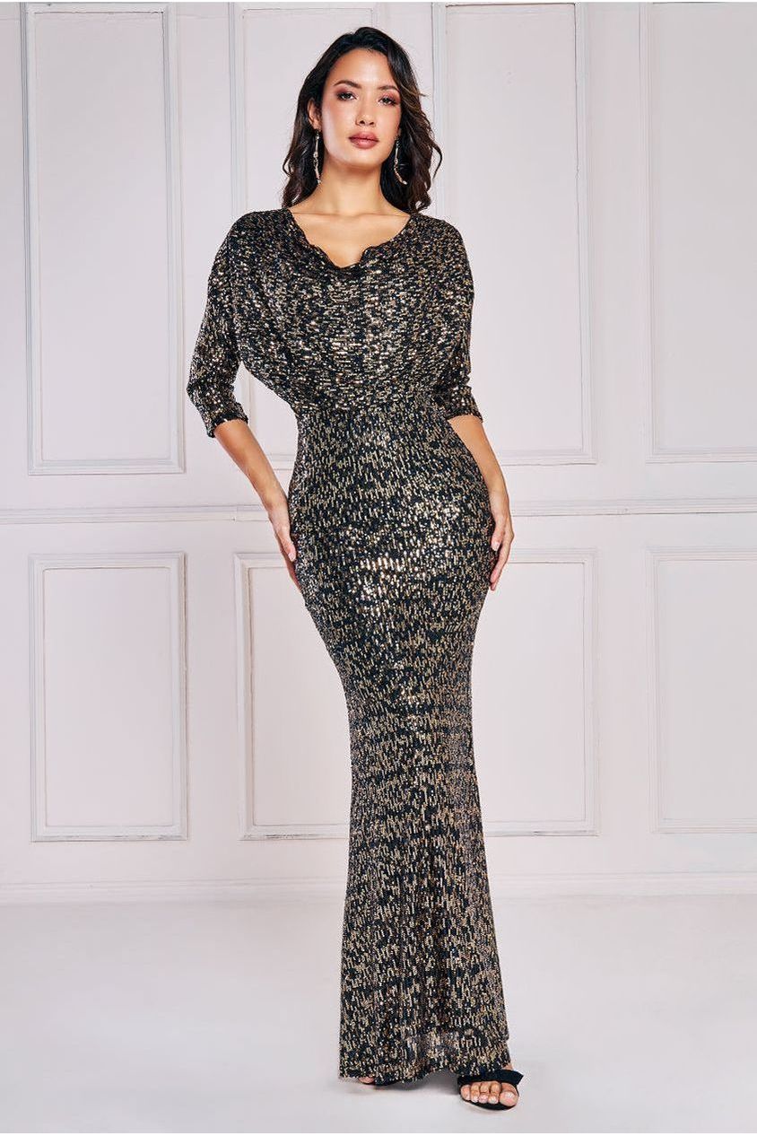 Sequin Cowl Maxi Dress - Black DR4051