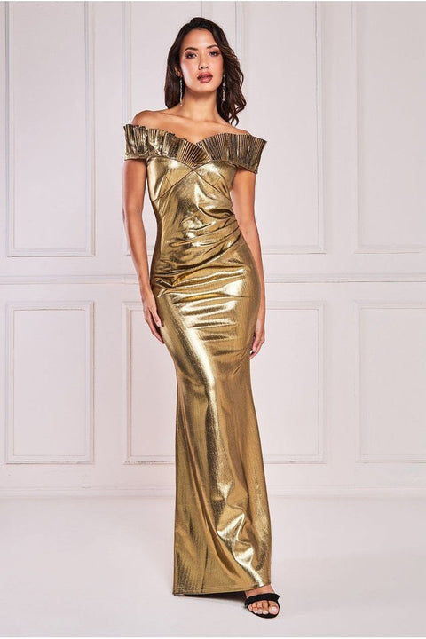 Fan Pleated Bardot Scuba Crepe Maxi - Gold by Goddiva