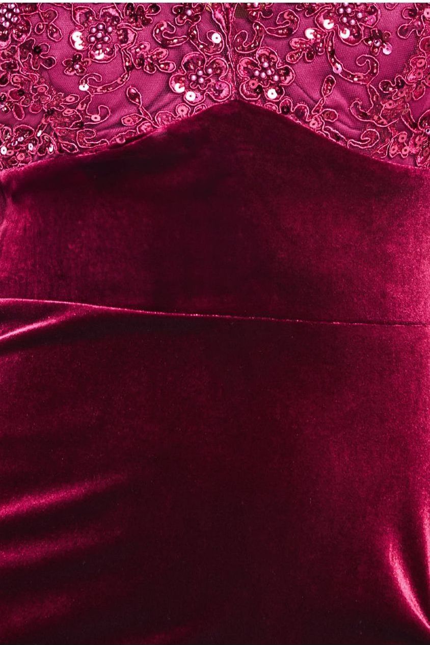 Scalloped Lace & Velvet Midi - Burgundy DR4112