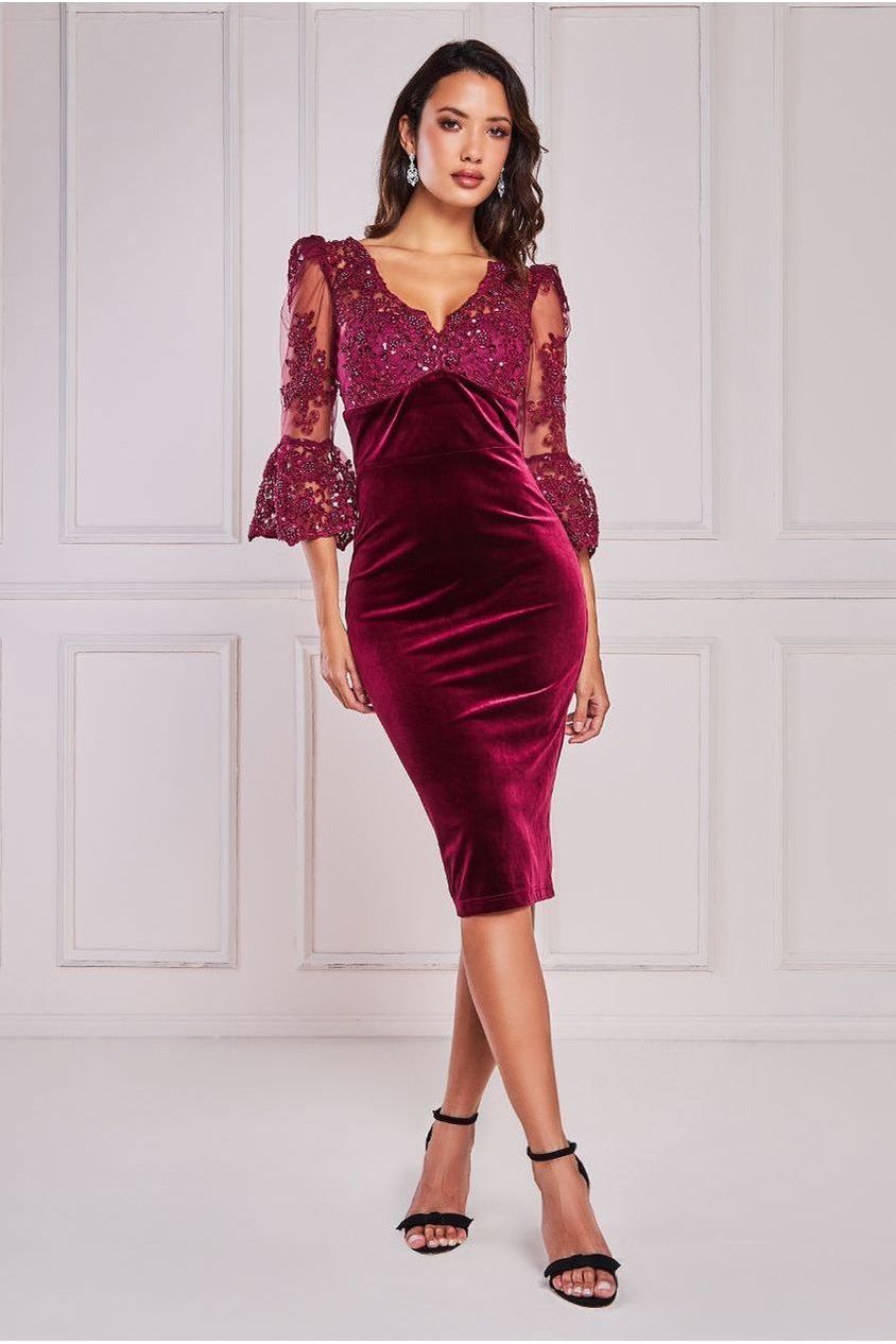 Scalloped Lace & Velvet Midi - Burgundy DR4112