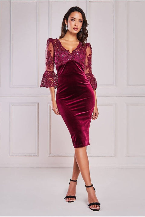 Scalloped Lace & Velvet Midi - Burgundy by Goddiva