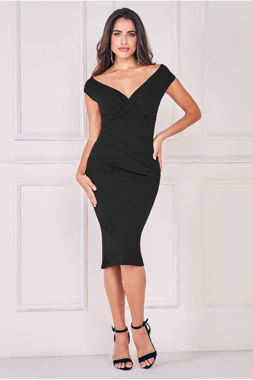 Scuba Bardot Pleated Midi Dress Black