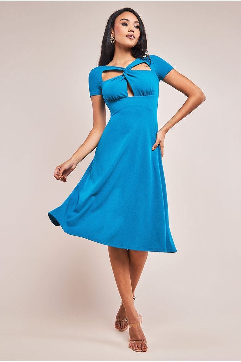 Scuba Crepe Twist Cutout Midi Dress - Teal Blue DR4351