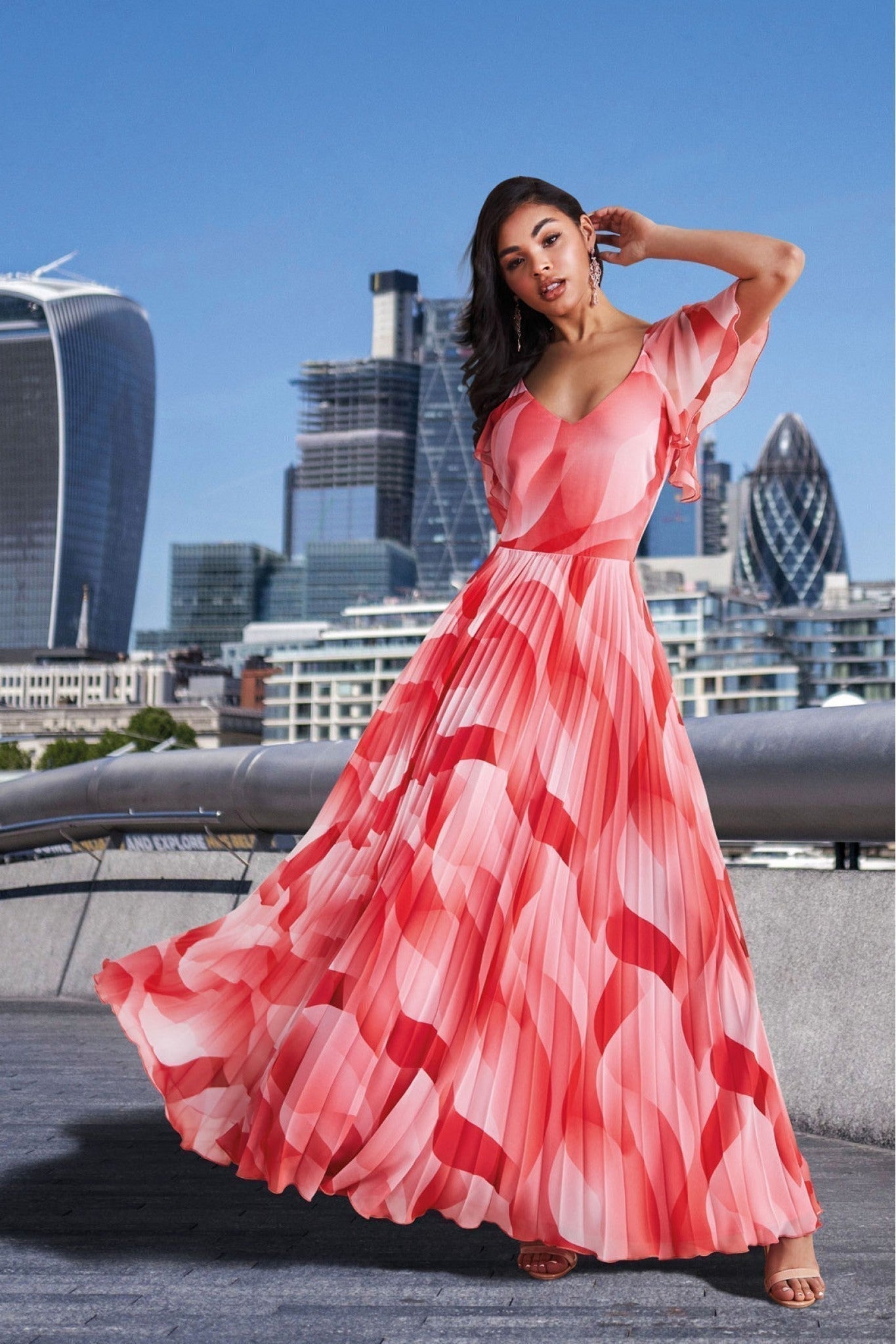 Printed Chiffon Pleated Maxi Dress - Coral DR3416