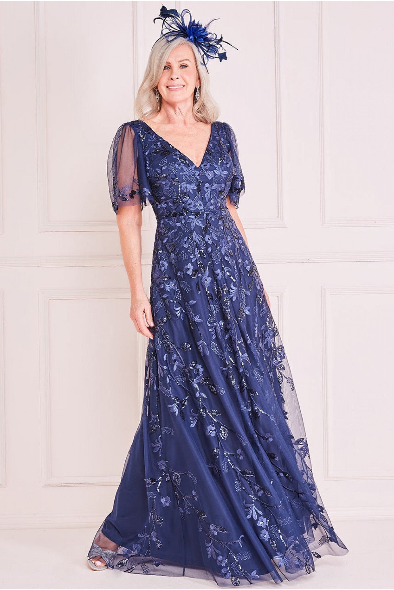 Embroidered Flared Sleeve Maxi - Navy DR3279M