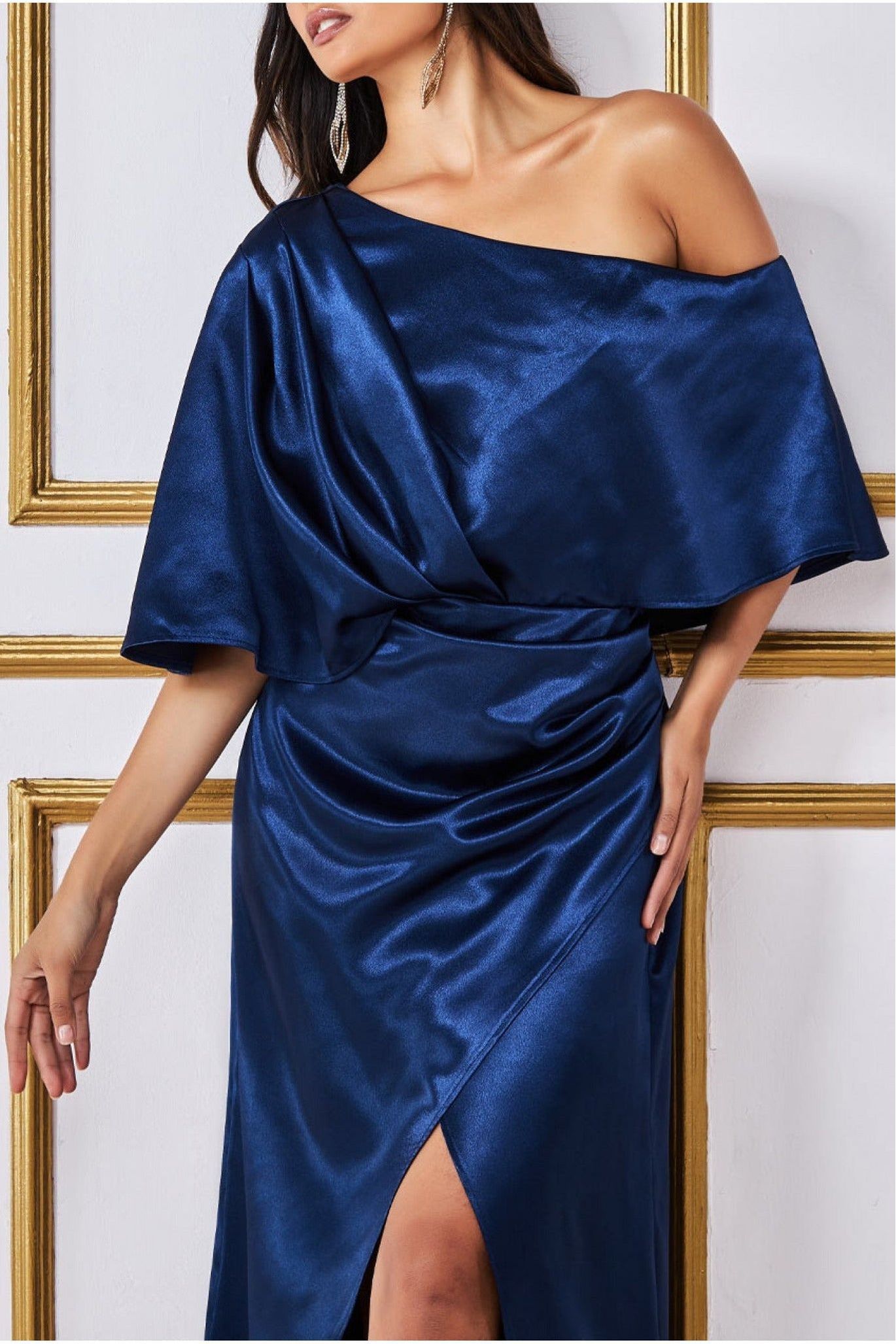 Satin Drape Shoulder Wrap Maxi Dress - Navy DR3450