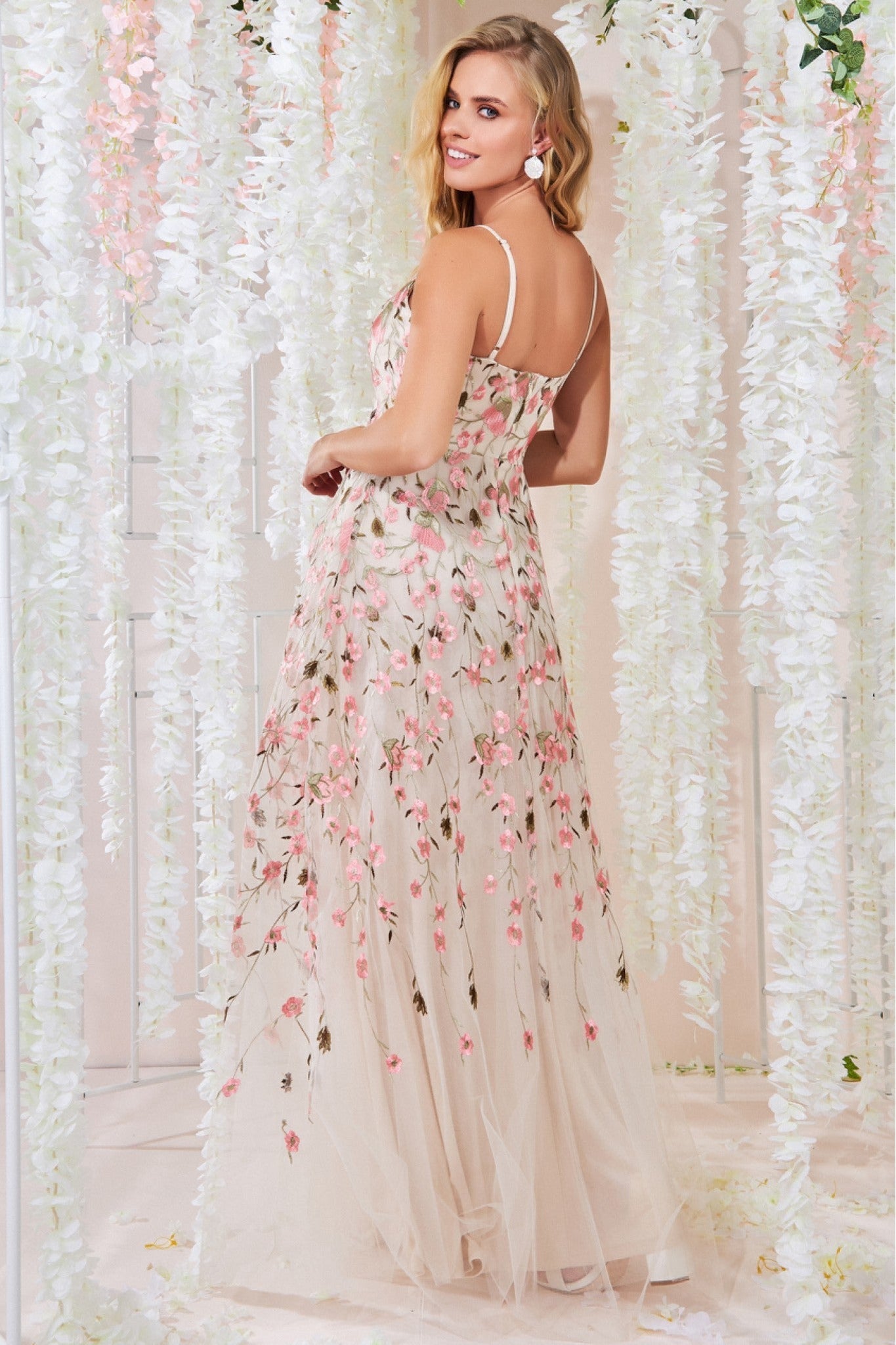 Sleeveless Floral Mesh Maxi Dress - Ivory DR3404