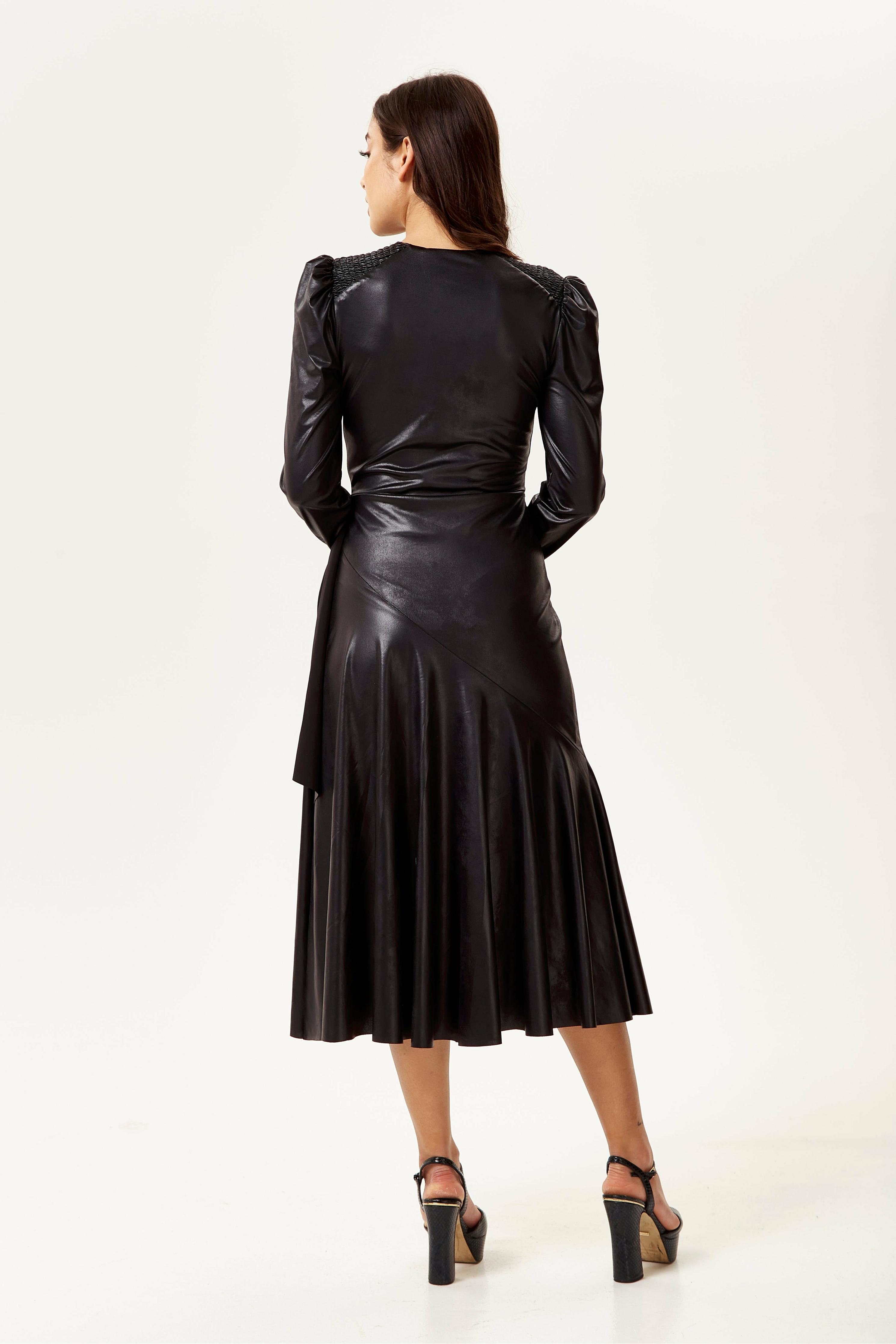 PU Wrap Midi Dress in Black with Long Sleeves Liquorish